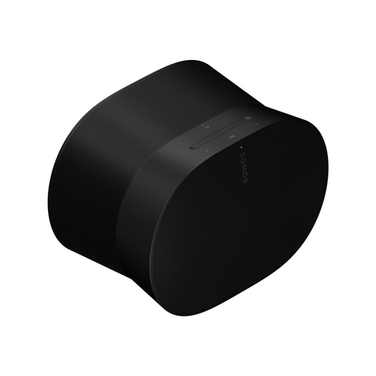 Ein schwarzer Soundreference Sonos Era 300 Smart Speaker mit abgerundetem, rechteckigem Design, Touch-Bedienelementen an der Oberseite, Dolby Atmos-Unterstützung und einem dezenten Sonos-Logo wird auf einem weißen Hintergrund gezeigt.