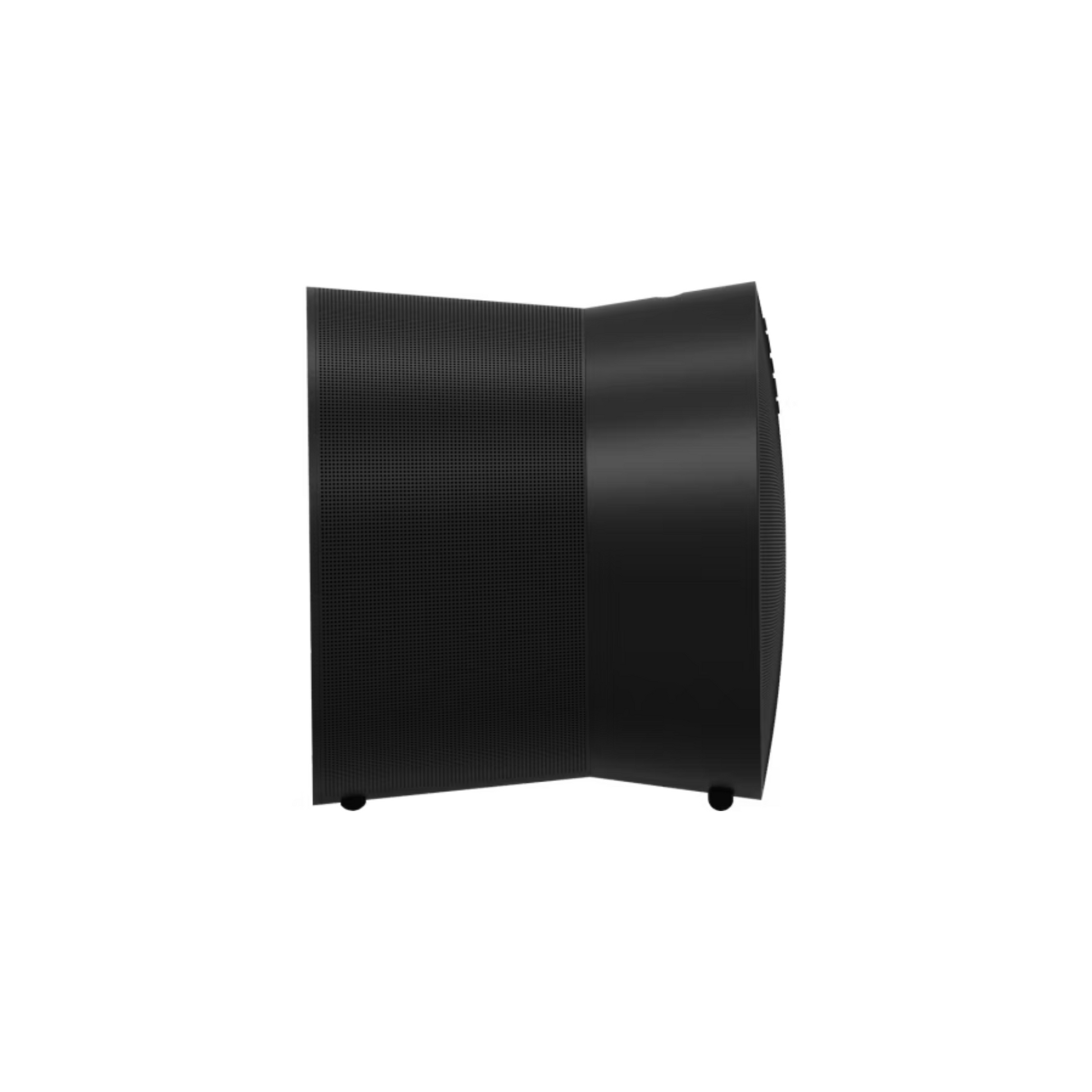 Seitenansicht des Sonos Era 300 Smart Speaker von Soundreference, der sich durch ein schlankes, modernes Design mit geschwungenen Kanten auszeichnet, dargestellt vor einem schlichten weißen Hintergrund - klassisches Akustikdesign, aktualisiert für die heutige Zeit.