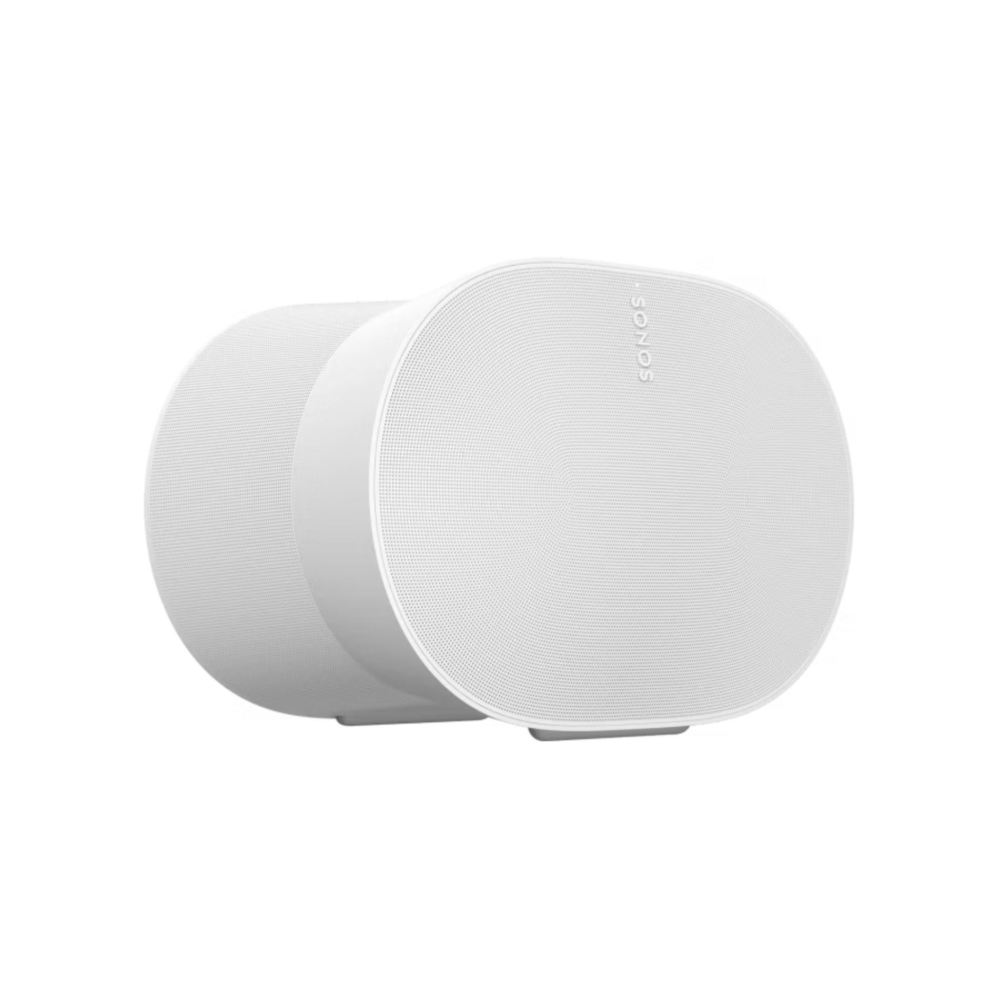 Ein Paar moderner, ovaler Sonos Era 300 Smart Speaker in Weiß, nebeneinander aufgestellt, mit minimalistischem Design und dezentem Sonos-Logo, ausgestattet mit fortschrittlichem Trueplay Tuning für optimalen Klang in jedem Raum.