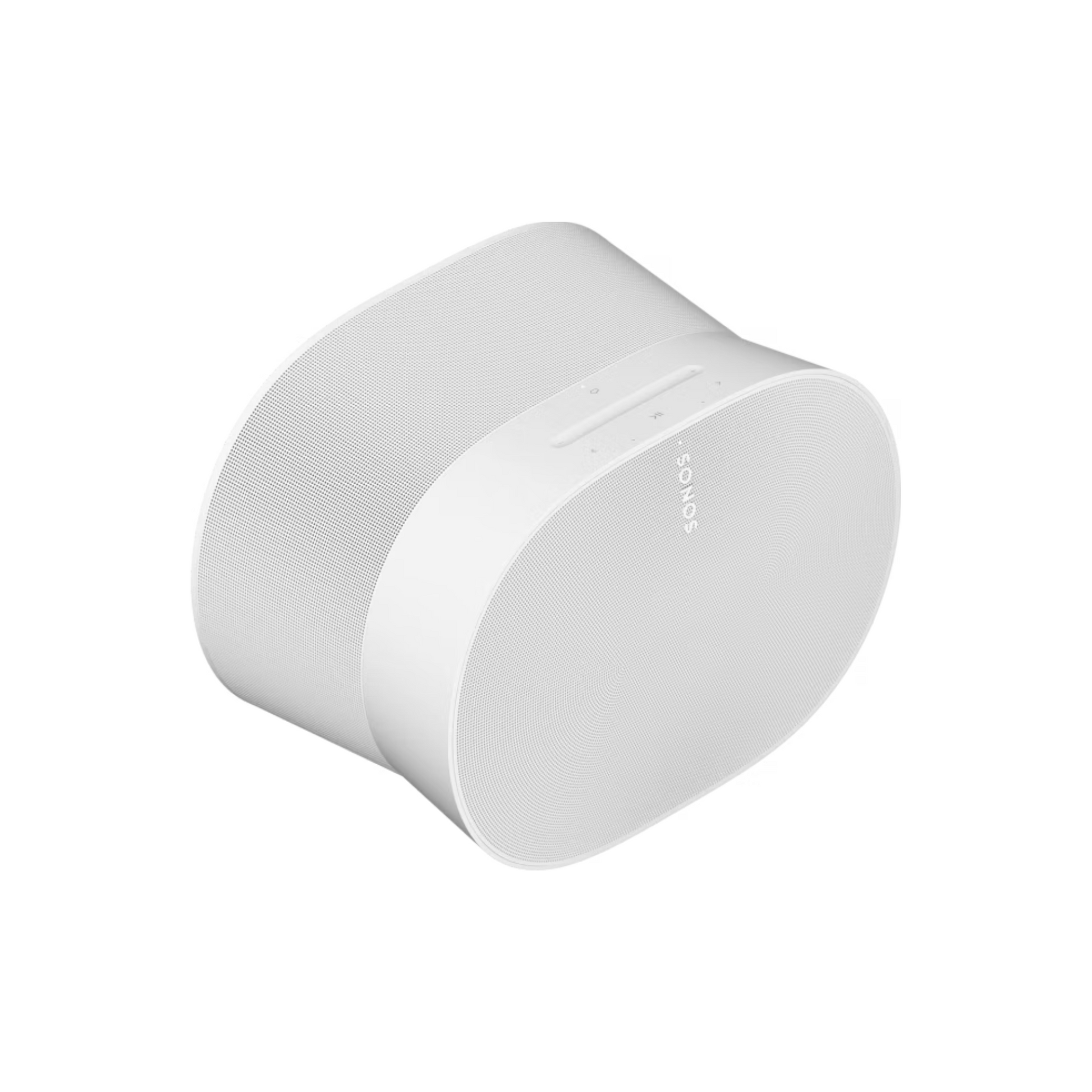 Der Sonos Era 300 Smart Speaker in Weiß besticht durch seine ovale Form mit minimalistischem Akustikdesign, abgerundeten Kanten und Bedientasten oben. Er liefert eine hervorragende Klangqualität, die durch Trueplay Tuning noch verbessert wird.