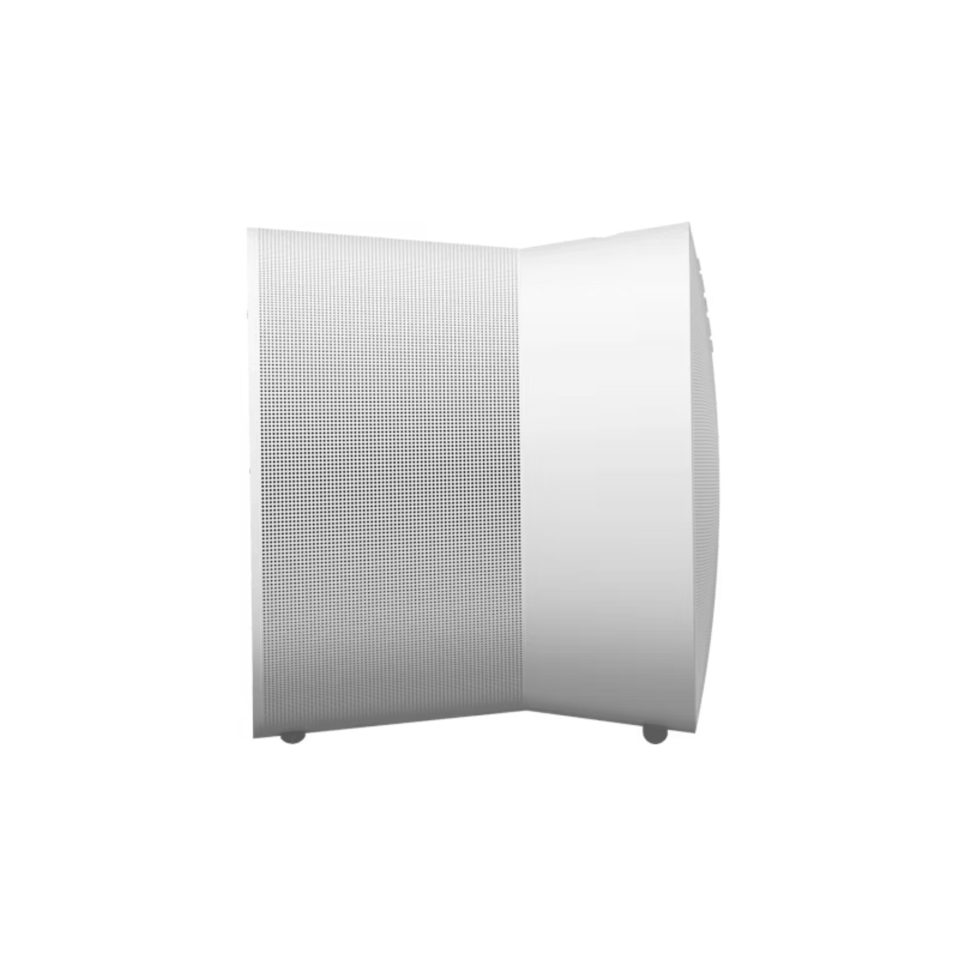 Eine Seitenansicht des Sonos Era 300 Smart Speaker in modernem, weißem Design mit geschwungener, rechteckiger Form und perforiertem Frontgitter, das sein Akustikdesign vor einem schlichten weißen Hintergrund zur Geltung bringt.