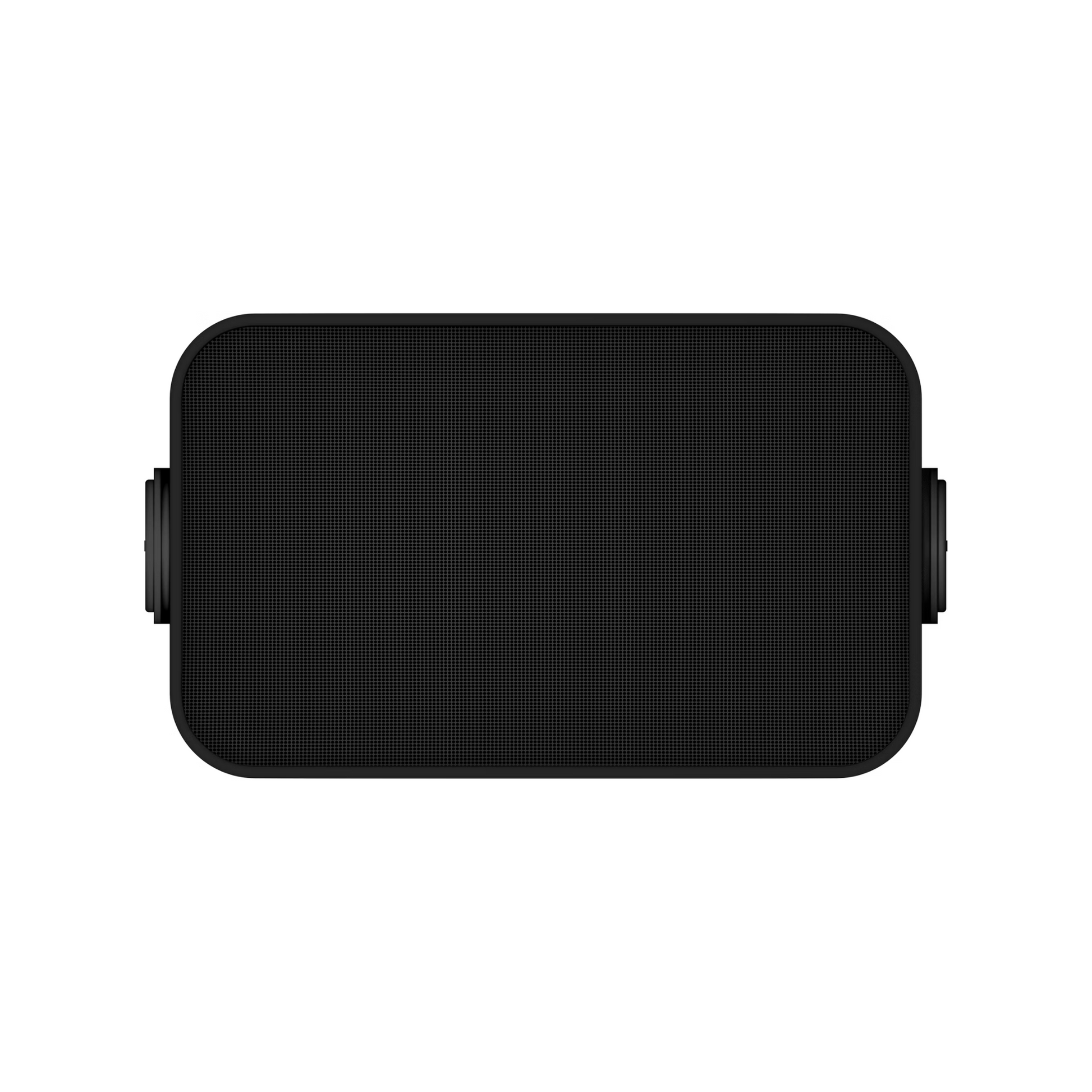 Der Sonos Outdoor Speaker von Sonos und Sonance Paar by Soundreference ist ein rechteckiger, schwarzer, tragbarer Lautsprecher mit abgerundeten Ecken, strukturiertem Frontgitter, seitlichen Drehreglern und wetterfestem Design, abgebildet vor einem weißen Hintergrund.