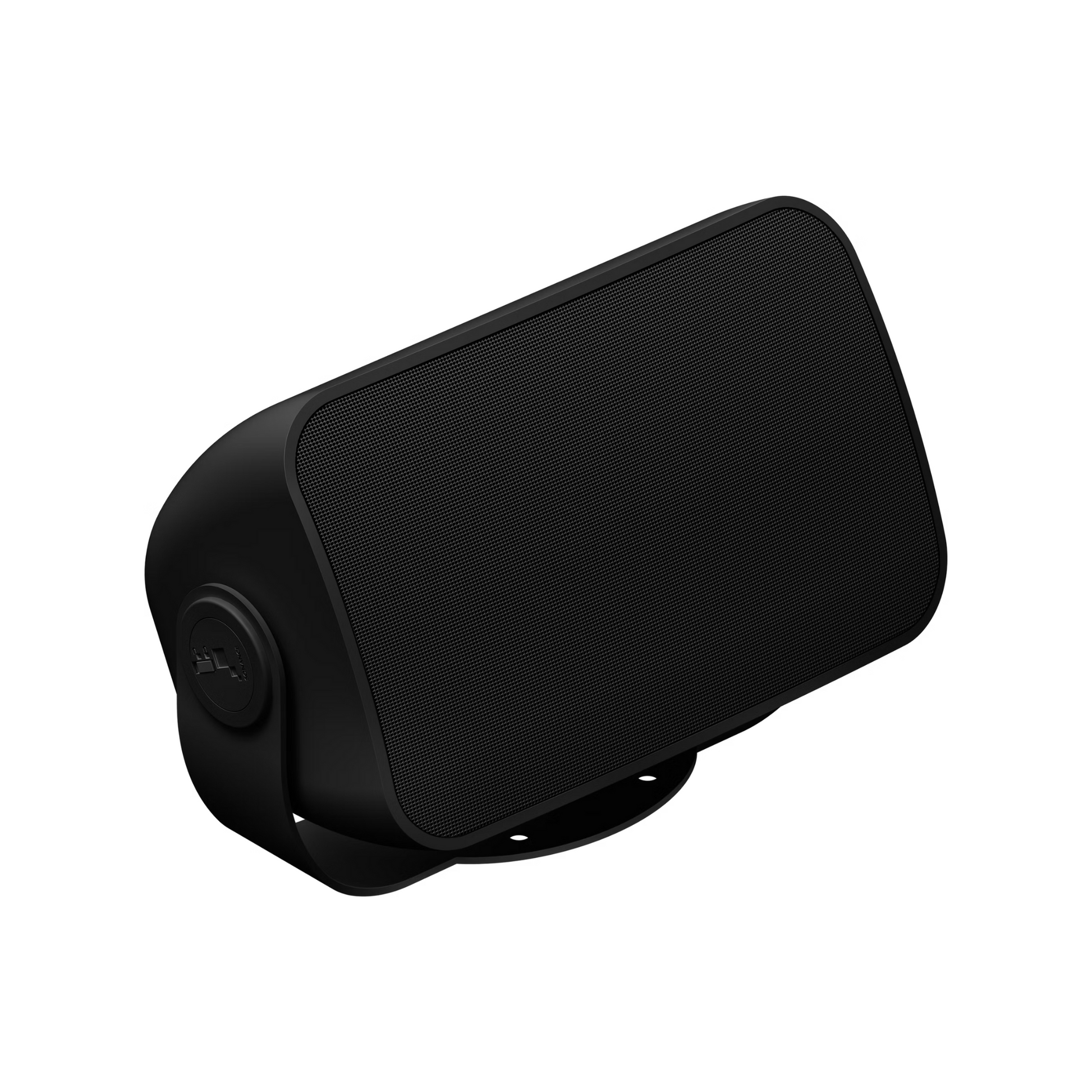 Der Soundreference Sonos Outdoor Speaker von Sonos und Sonance Paar ist ein schwarzer, rechteckiger Passiv-Lautsprecher mit abgerundeten Kanten und einem vorderen Mesh-Gitter auf einem drehbaren Sockel, mit wetterfestem Design für den Außeneinsatz. Abgebildet vor einem weißen Hintergrund.