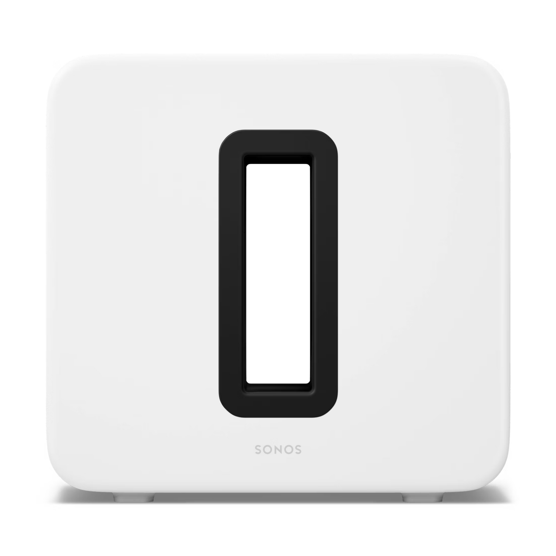 Der Sonos Sub 4 Subwoofer in Weiß verfügt über eine rechteckige schwarze Aussparung in der Mitte und einen Force-Cancelling-Effekt für dynamischen Klang, hier von vorne vor einem schlichten Hintergrund.
