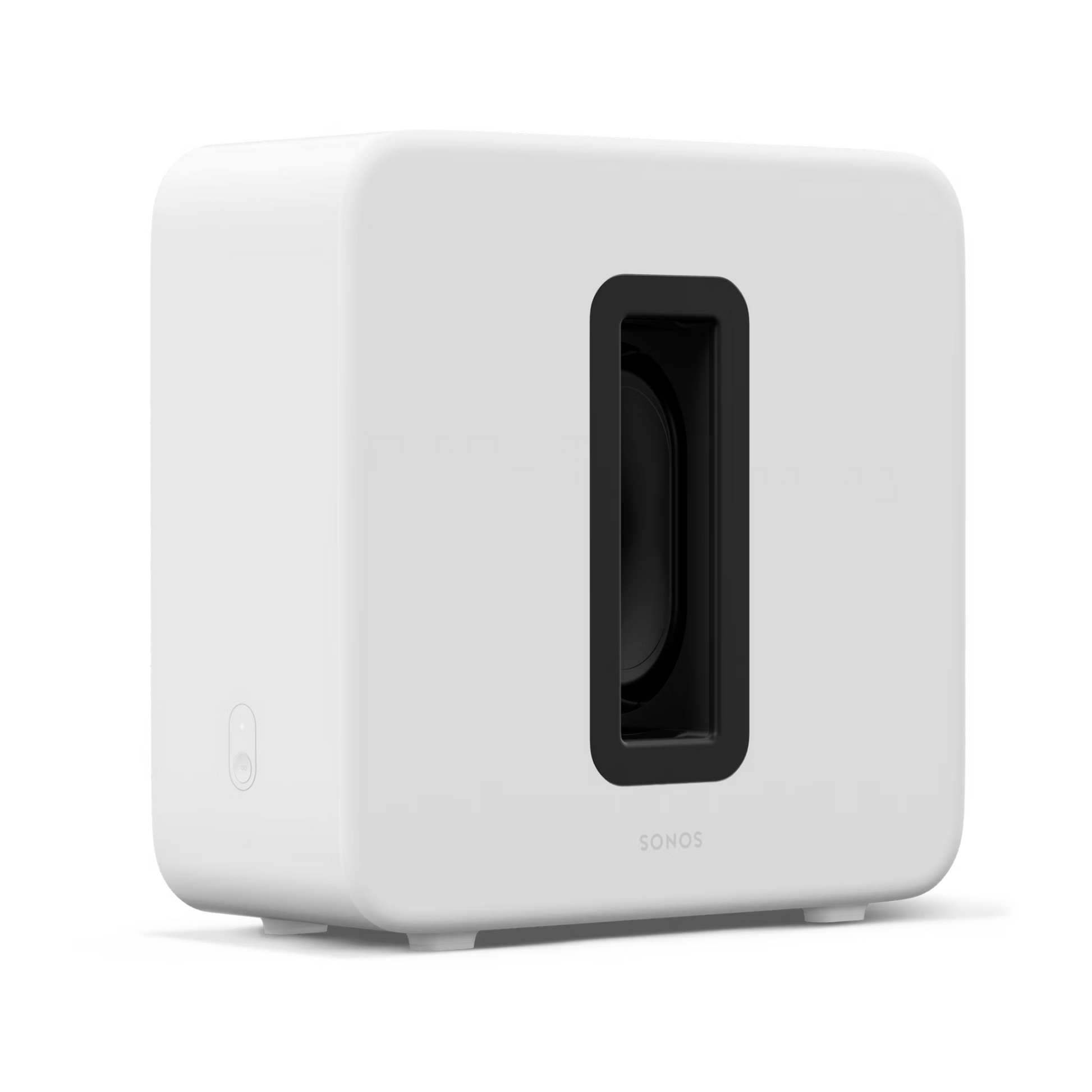 Der weiße Sonos Sub 4 Subwoofer zeichnet sich durch ein schlankes, rechteckiges Design mit abgerundeten Kanten und einer schwarzen Öffnung in der Mitte aus, die den Lautsprecher zeigt. Er bietet eine dynamische Klangwiedergabe und verfügt über einen Force-Cancelling-Effekt, der auf einem schlichten weißen Hintergrund dargestellt ist.