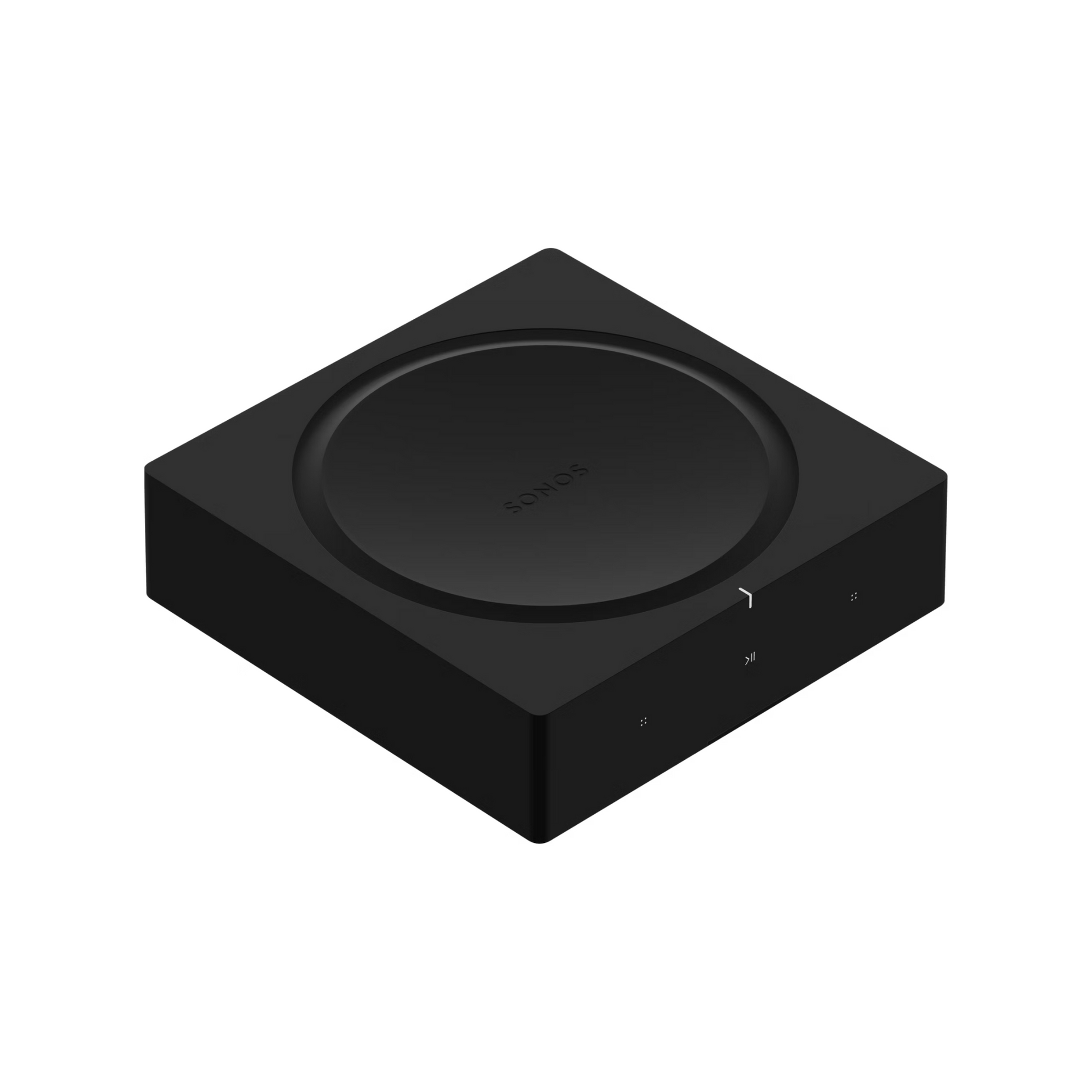Der Soundreference Sonos Amp Verstärker, ein schwarzes, quadratisches Gerät mit einem kreisförmigen oberen Zentrum und Touch-Bedienelementen auf der Vorderseite, bietet nahtlosen Multiroom-Sound und zeichnet sich durch ein minimalistisches Design auf weißem Hintergrund aus.