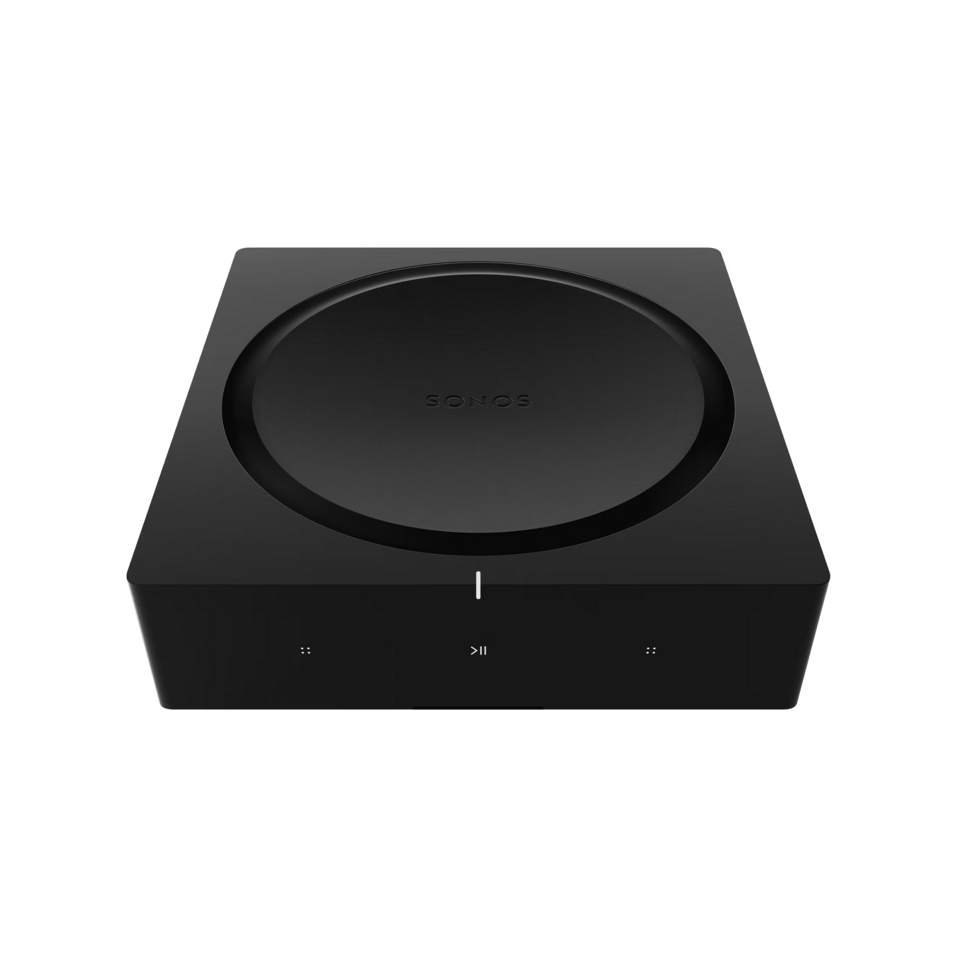 Der schwarze, quadratische Soundreference Sonos Amp Verstärker verfügt über eine große runde Oberseite, ein minimalistisches Design und dezente Bediensymbole auf der Vorderseite und liefert kraftvollen Multiroom-Sound vor einem weißen Hintergrund.