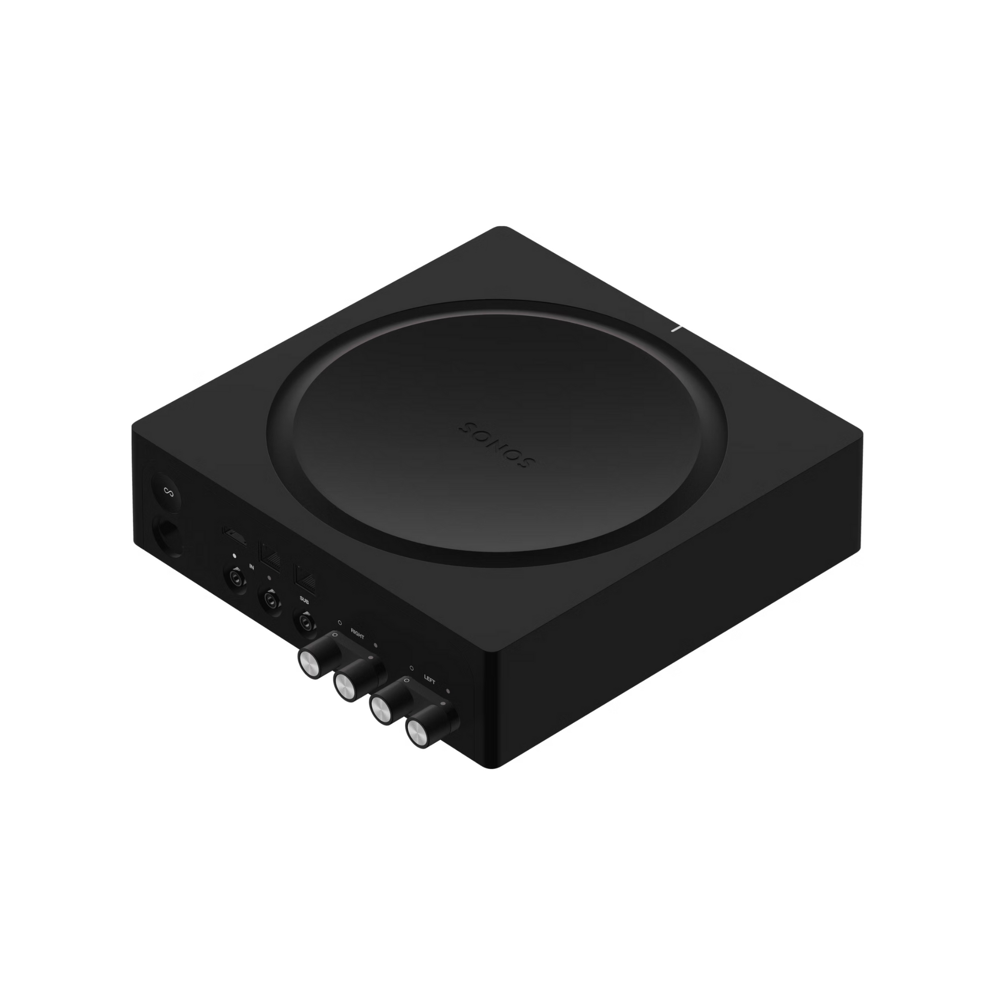 Der schwarze Soundreference Sonos Amp Verstärker verfügt über eine runde Oberseite, mehrere Eingangs-/Ausgangsanschlüsse und das Sonos-Logo - perfekt, um Ihren Sonos-Lautsprecher mit Strom zu versorgen oder nahtloses Multiroom-Audio zu ermöglichen, angezeigt auf weißem Hintergrund.