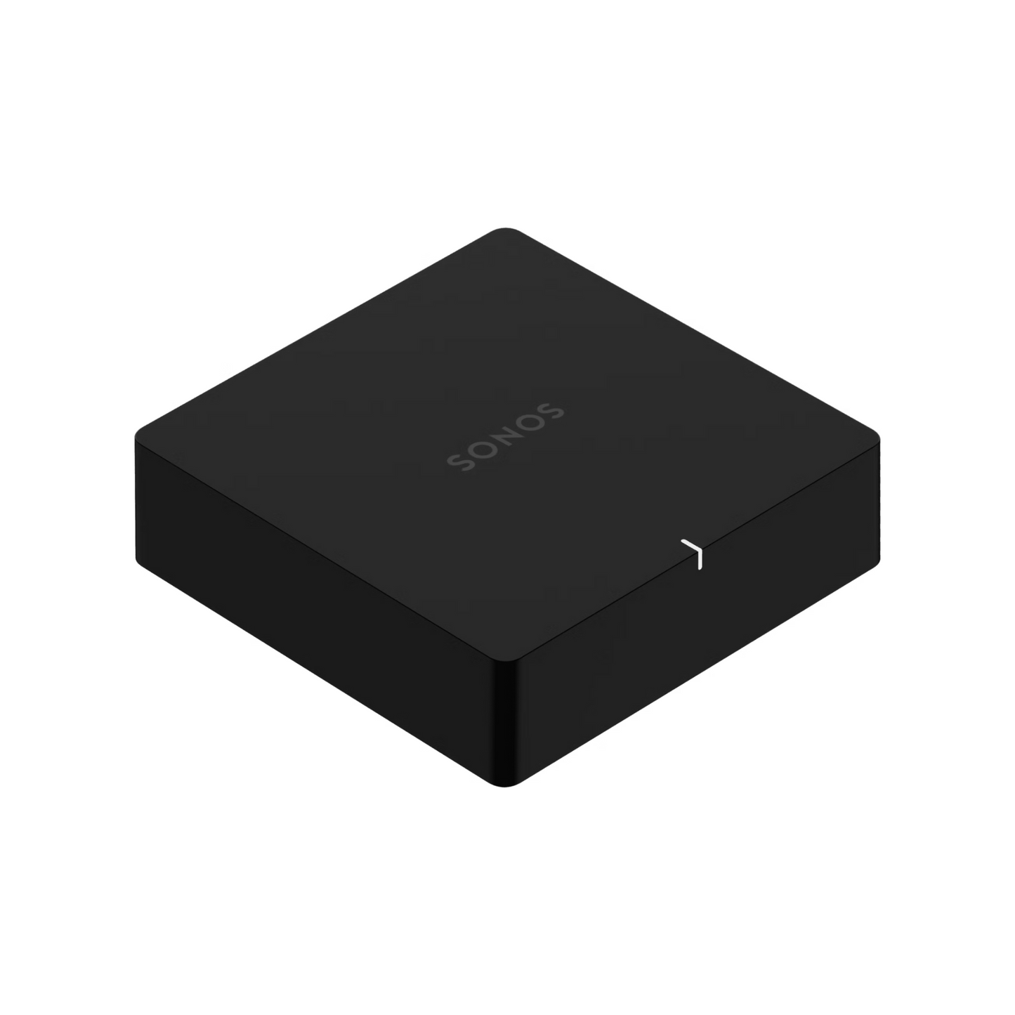 Der Soundreference Sonos Port Netzwerk Audio Streamer ist ein schlankes, schwarzes, rechteckiges Gerät mit abgerundeten Kanten und dem Sonos-Logo auf der Oberseite, das auf einem schlichten weißen Hintergrund abgebildet ist.