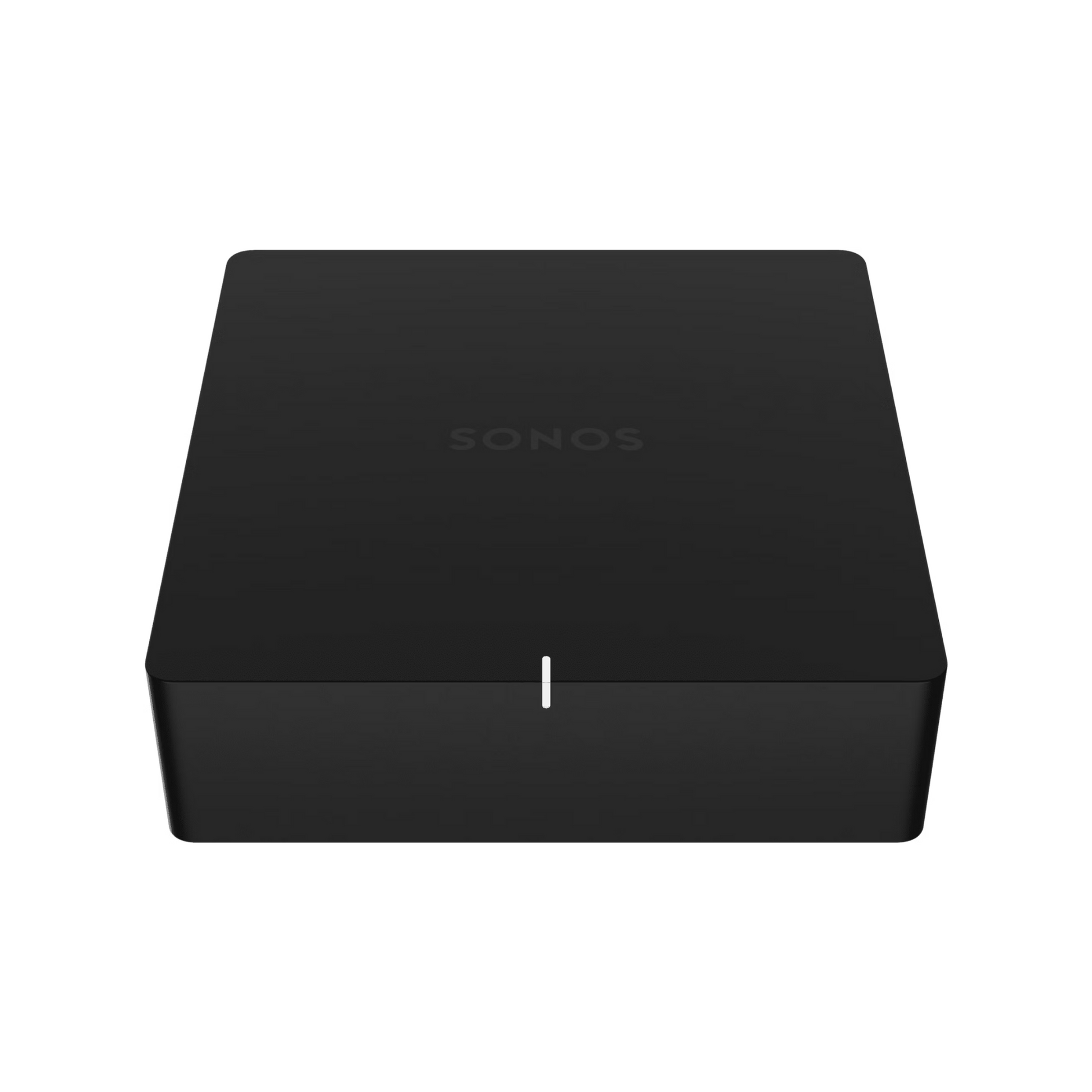 Ein schwarzer, rechteckiger Soundreference Sonos Port Netzwerk Audio Streamer mit minimalistischem Design, dezentem Logo auf der Oberseite und einer einzelnen weißen LED auf der Vorderseite, die vor einem schlichten weißen Hintergrund angezeigt wird.