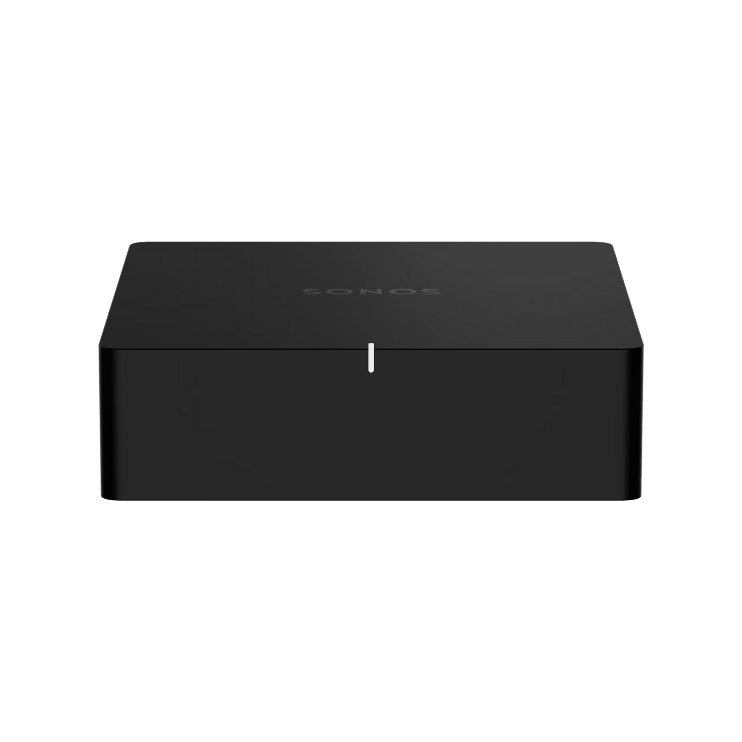 Der Soundreference Sonos Port Netzwerk Audio Streamer in Schwarz hat ein minimalistisches, schwarzes, rechteckiges Design mit einer kleinen weißen LED und liefert erstklassigen Multiroom-Sound, der vor einem schlichten weißen Hintergrund gezeigt wird.