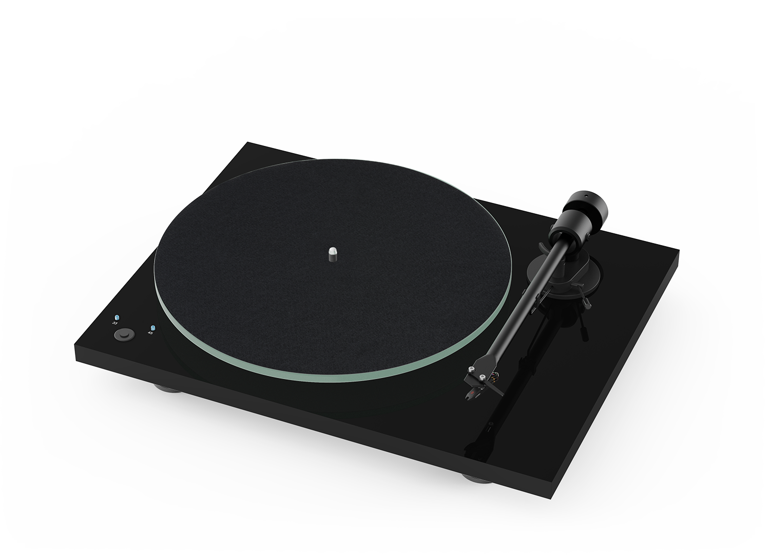 Der Pro-Ject T1 Phono SB Plattenspieler ist ein moderner schwarzer Plattenspieler mit rundem Plattenteller, Tonarm und minimalen Bedienelementen, ideal für Vinyl-Liebhaber, abgebildet auf weißem Hintergrund.