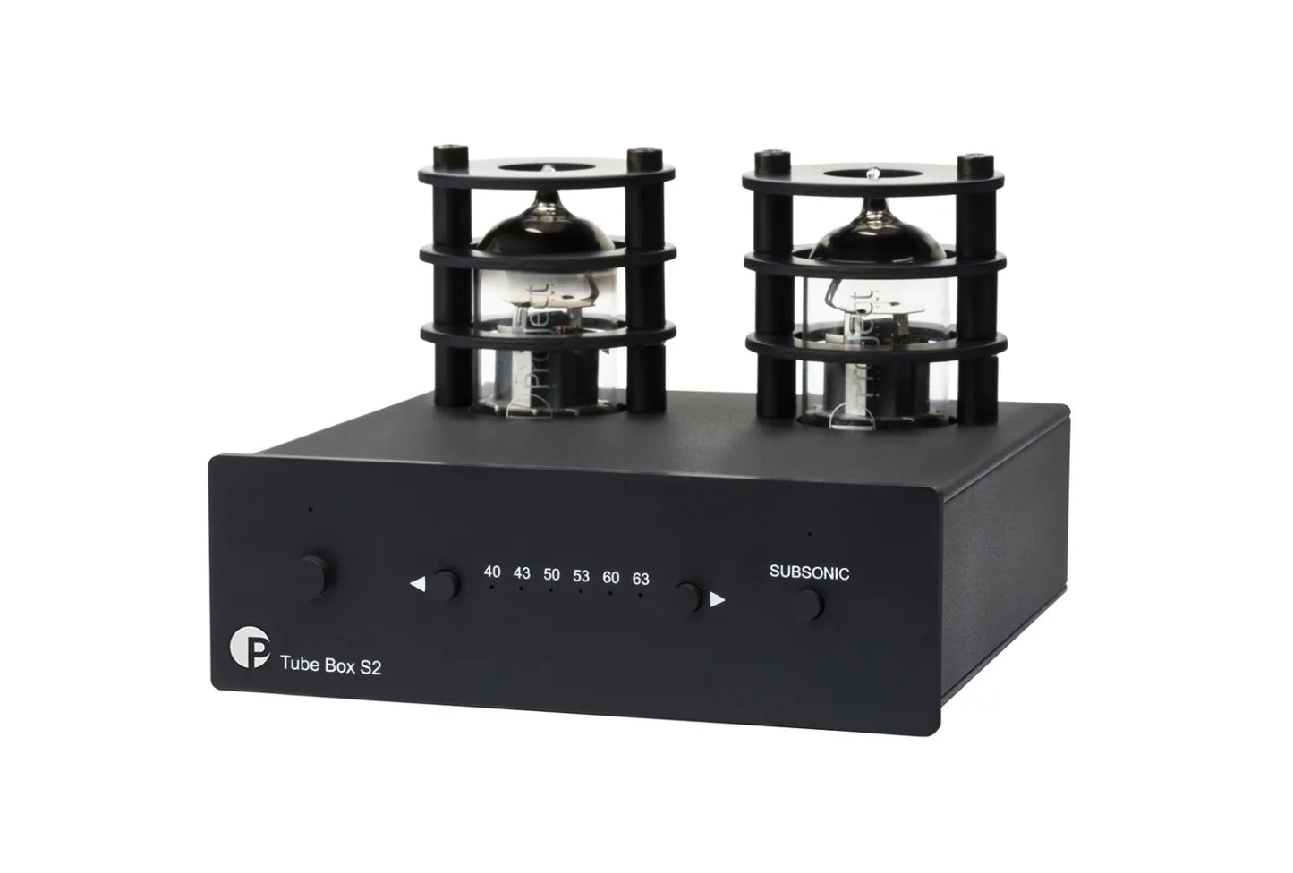 Die Pro-Ject Tube Box S2 in Schwarz verfügt über zwei Vakuum-Röhren mit schwarzen Metallkäfigen, Front-LEDs, Knöpfen, einem SUBSONIC-Knopf und der Aufschrift "Tube Box S2"-perfekt für Vinyl-Liebhaber und Audiophile.