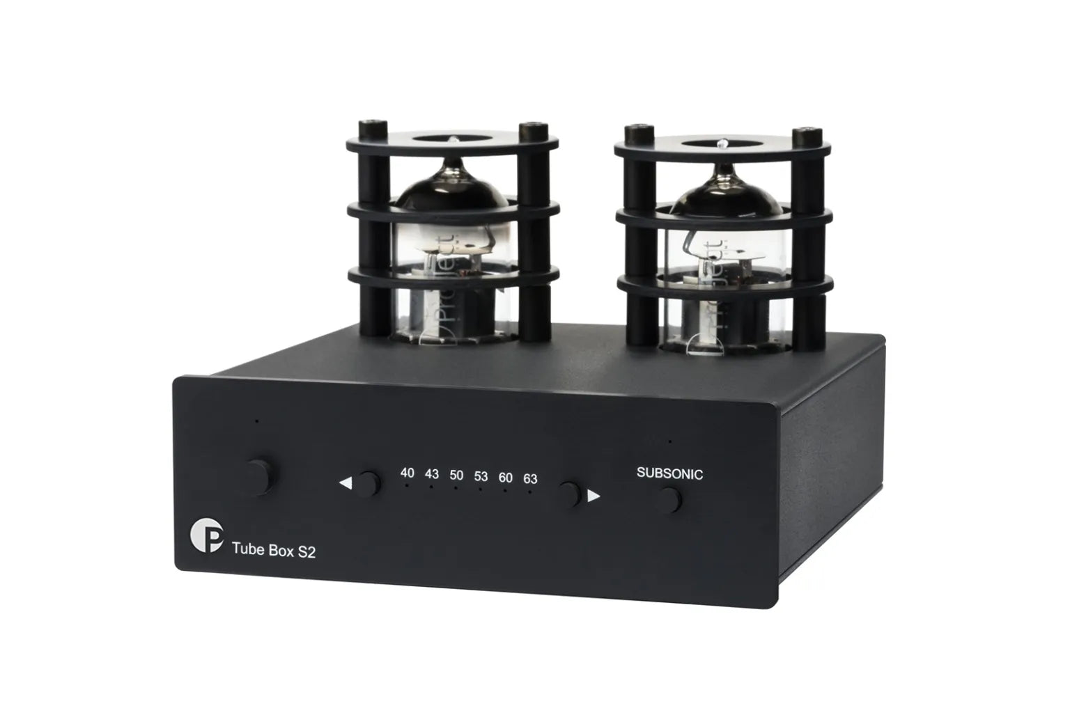 Die Pro-Ject Tube Box S2 in Schwarz verfügt über zwei Vakuum-Röhren mit schwarzen Metallkäfigen, Front-LEDs, Knöpfen, einem SUBSONIC-Knopf und der Aufschrift "Tube Box S2"-perfekt für Vinyl-Liebhaber und Audiophile.