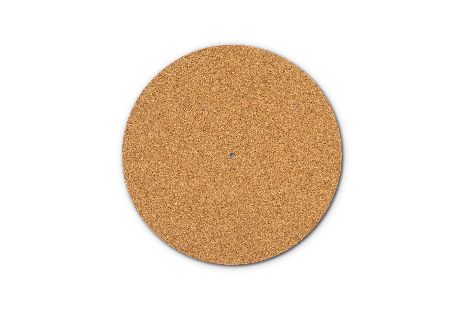 Die Pro-Ject Cork it in Kork ist eine runde Kork-Tellermatte mit einem kleinen Loch in der Mitte, perfekt für Vinyl-Liebhaber. Abgebildet auf einem schlichten weißen Hintergrund.