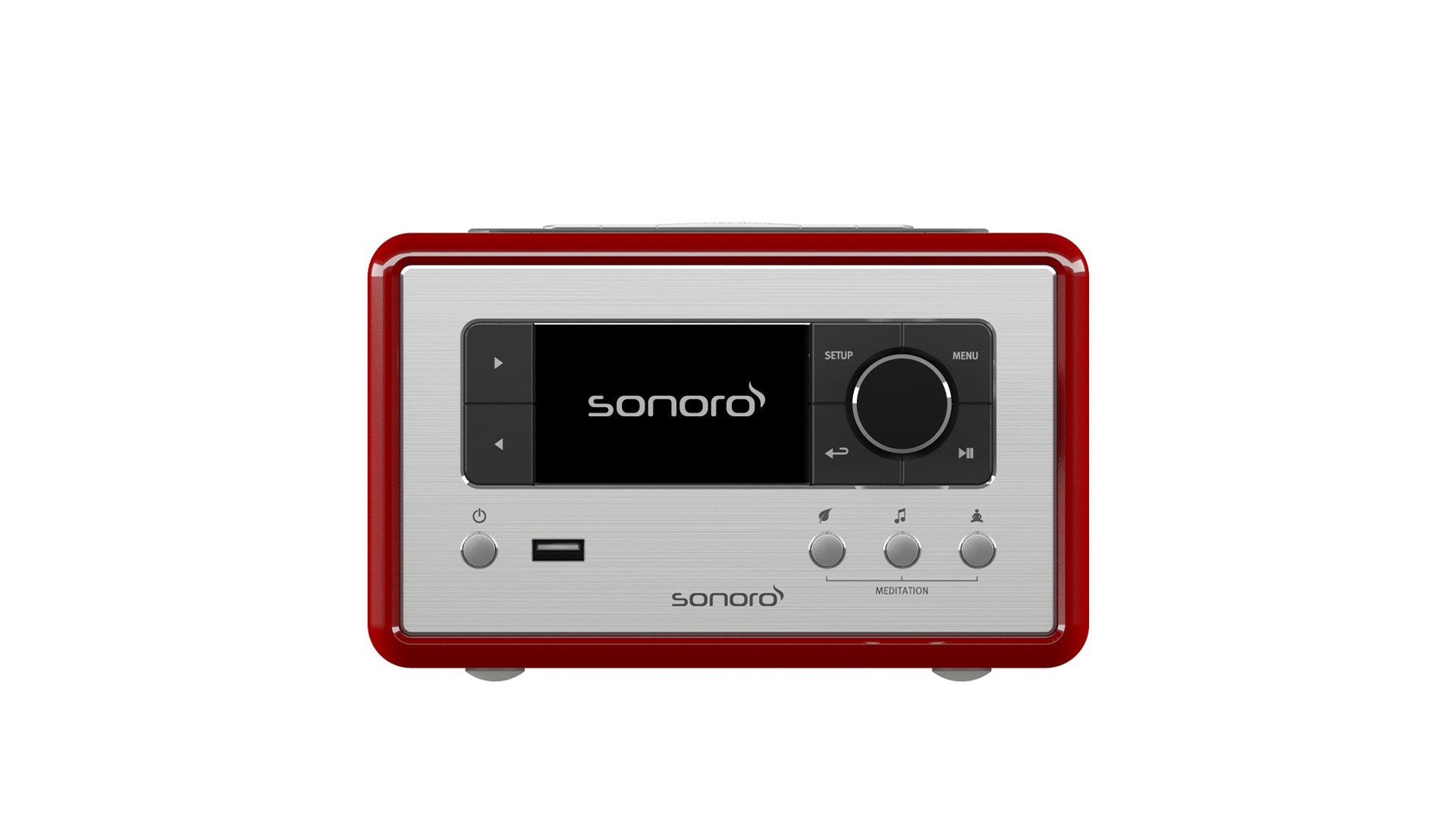 Das Sonoro Relax in rot (hochglänzend) - silber ist ein kompaktes, rechteckiges Radio mit schwarzem Display, Tasten und Reglern - ideal für Wellness-Momente oder Meditationsübungen - vor weißem Hintergrund.