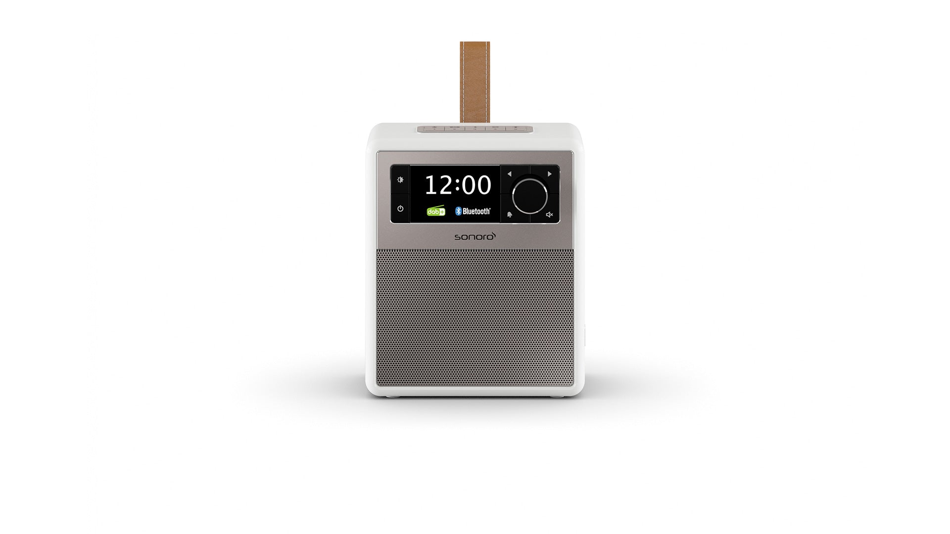 Das Sonoro Easy ist ein modernes Digitalradio in hochglänzendem Weiß-Silber mit zentralem Display (zeigt "12:00"), Bluetooth-Symbol und Holz-Tragegriff für Mobilität. Die Marke sonoro steht für hochwertigen Klang unter dem Display.