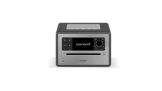 Der Sonoro Elite ist ein kompaktes All-in-One Musiksystem in Graphit (matt) - Silber mit digitalem Display, Bedientasten, großem Ziffernblatt, CD-Schacht auf der Vorderseite und Bluetooth-Konnektivität in einem schlanken, modernen Design.
