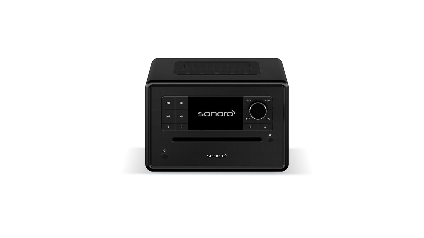 Abgebildet ist ein Sonoro Elite in Schwarz (matt) - Schwarz mit Frontdisplay, Bedientasten, großem Lautstärkeregler, CD-Einschub und 360°-Klangbild vor weißem Hintergrund.