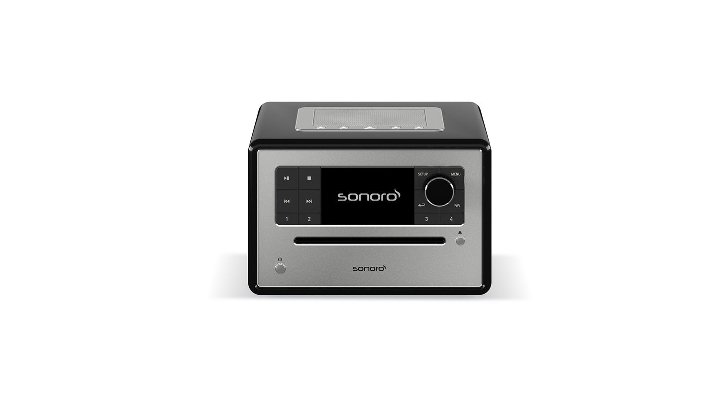 Ein kompaktes Sonoro Elite Musiksystem in hochglänzendem Schwarz-Silber mit Bluetooth, Digitaldisplay, Bedientasten, großem Drehregler und einem CD-Slot auf der Front, präsentiert vor weißem Hintergrund.