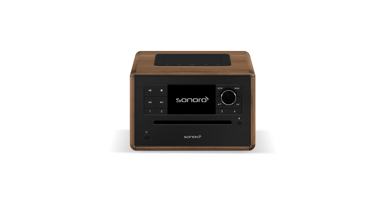 Ein kompaktes Sonoro Elite All-in-One Musiksystem in Walnuss-Anthrazit mit schwarzer Front, Bedienknöpfen, Display, Lautstärkeregler und CD-Slot. Das Display zeigt das Sonoro-Logo und unterstützt Bluetooth-Konnektivität.