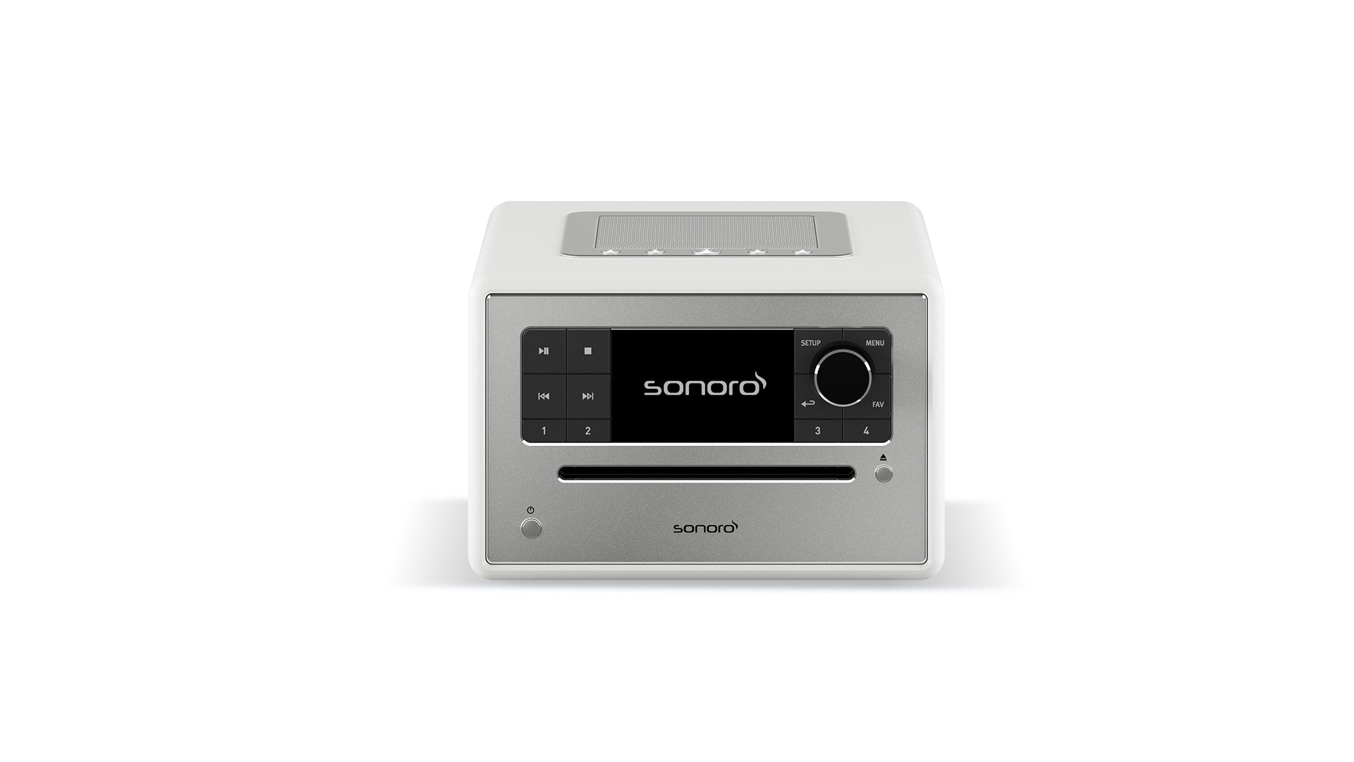 Der Sonoro Elite in Weiß (hochglänzend) - Silber ist ein kompaktes, modernes All-in-One Musiksystem mit Front-Digitalanzeige, Bedientasten, Lautstärkeregler, CD-Einschub, minimalistischem Design und Bluetooth-Konnektivität. Fotografiert auf einem weißen Hintergrund.