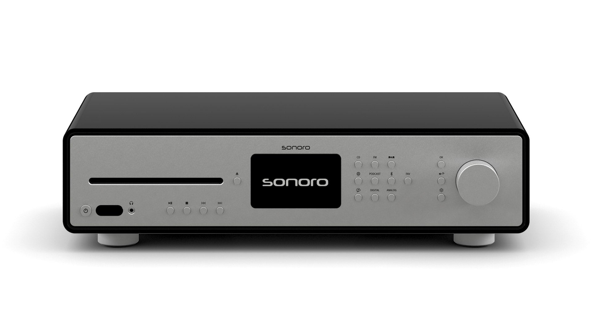 Ein Sonoro Maestro Quantum Verstärker in hochglänzendem Schwarz und Silber mit Display, Bedientasten, Lautstärkeregler und CD-Slot an der Front für außergewöhnliche Klangqualität.