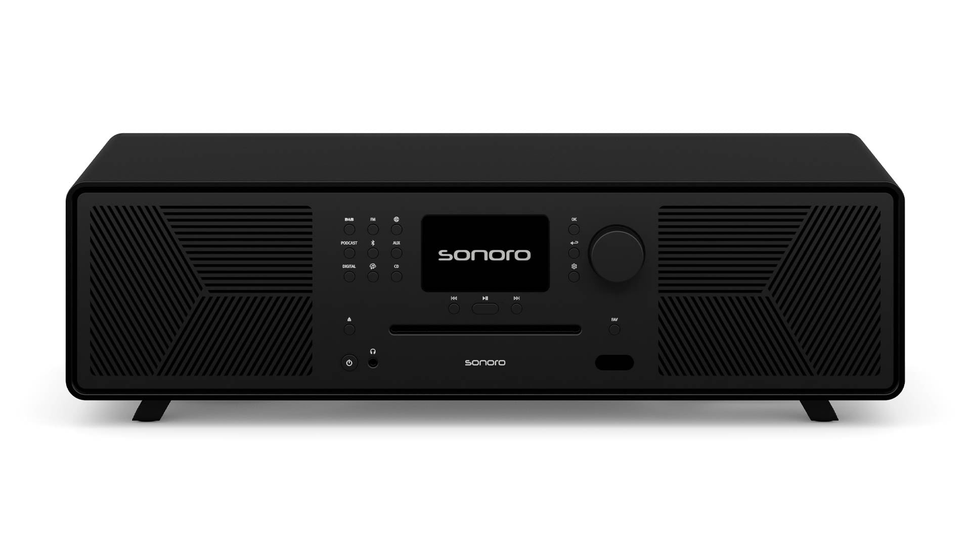 Ein Sonoro Meisterstück (Gen.2) in Schwarz (matt) - Schwarz mit Digitalanzeige, Tasten, zentralem Drehknopf, Dynamic Bass Funktion für beste Audioqualität und Lautsprechergittern auf beiden Seiten - dargestellt auf vier kurzen Beinen vor weißem Hintergrund.