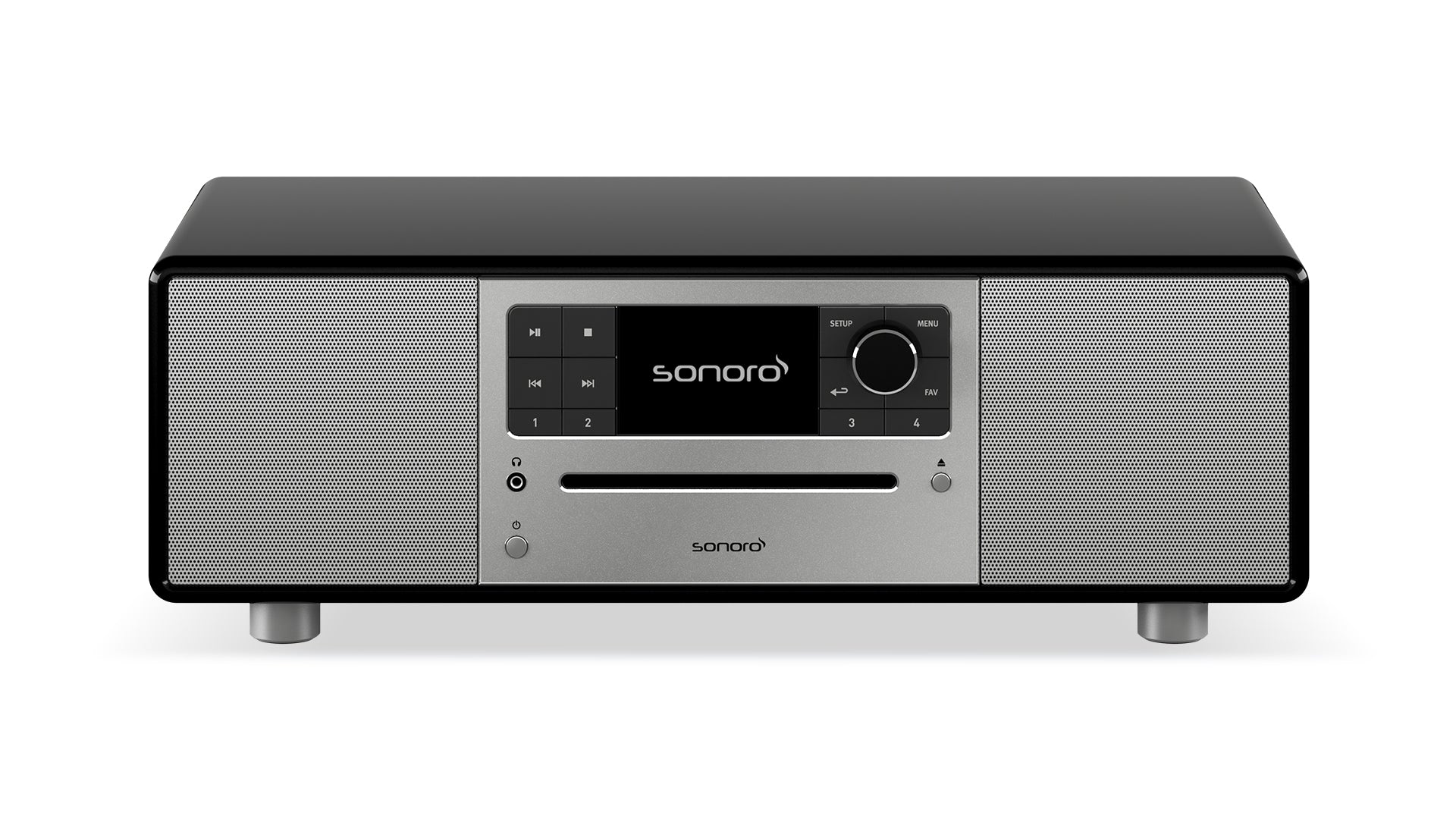Der Sonoro Prestige in hochglänzendem Schwarz-Silber besticht durch digitales Display, Bedienknöpfe, Tasten und zwei Frontlautsprecher für exzellente Akustik - stilvoll auf vier kurzen Beinen.