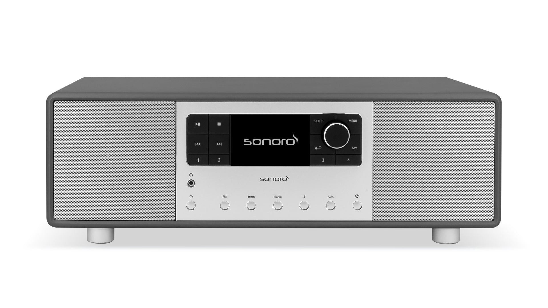 Das Sonoro Primus in Graphit (matt) - Silber ist ein modernes, rechteckiges Tischradio mit digitalem Display, zentralem Bedienknopf und zwei Lautsprechergittern, das ein unvergleichliches Hörerlebnis und einen beeindruckenden 360°-Klang bietet.
