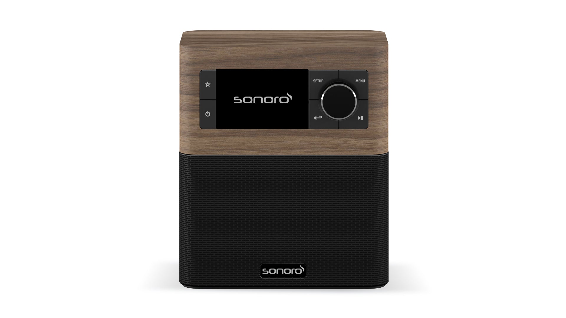 Das Sonoro Stream ist ein kompaktes Tisch-DAB+-Digitalradio im Walnuss-Dekor mit schwarzem Lautsprechergitter, Frontdisplay, Tasten und Wählscheibe. Das Sonoro-Logo erscheint sowohl auf dem Display als auch auf dem Gitter.