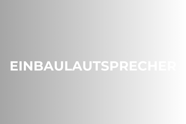 Das Bild zeigt das deutsche Wort EINBAULAUTSPRECHER in fetten weißen Großbuchstaben, zentriert auf einem Hintergrund mit grauem bis weißem Farbverlauf.