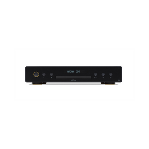 Frontansicht des ARCAM CD5 CD-Players, eines schwarzen Geräts mit zentralem CD-Schacht, digitalem Display, Bedientasten und einer runden Einschalttaste links. Dieses minimalistische Gerät unterstützt die Wiedergabe von Compact Discs und High-Resolution Audio.