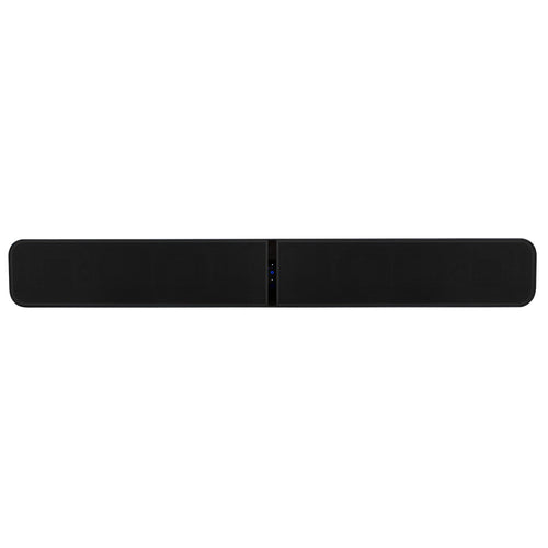 Die Bluesound PULSE SOUNDBAR in Schwarz ist rechteckig mit abgerundeten Kanten, Bedientasten und Kontrollleuchten auf der Vorderseite. Ihr schlankes, minimalistisches Design unterstützt Dolby Atmos für immersiven Sound.