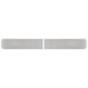 Die Bluesound PULSE SOUNDBAR in Weiß hat ein langes, rechteckiges Design mit abgerundeten Kanten und Mesh-Front, bietet Dolby Atmos-Unterstützung und ein fortschrittliches BluOS Streaming-Modul für nahtloses Musikstreaming.