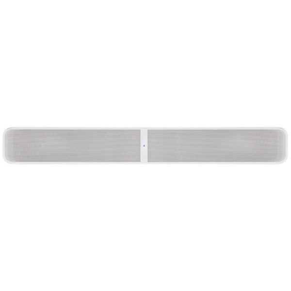 Die Bluesound PULSE SOUNDBAR in Weiß hat ein langes, rechteckiges Design mit abgerundeten Kanten und Mesh-Front, bietet Dolby Atmos-Unterstützung und ein fortschrittliches BluOS Streaming-Modul für nahtloses Musikstreaming.