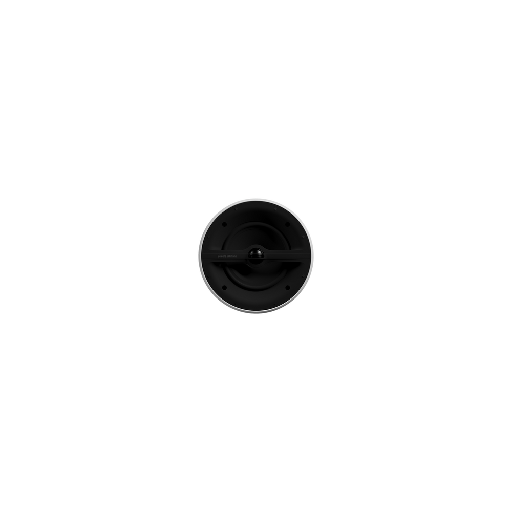 Ein weißer, runder Bowers & Wilkins CCM362 Wandeinbaulautsprecher steht von vorne gesehen mittig auf einem schwarzen Hintergrund. Der minimalistische Stil und der hohe Kontrast unterstreichen seine erstklassige Klangqualität.