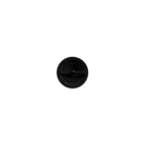 Ein weißer, runder Bowers & Wilkins CCM362 Wandeinbaulautsprecher steht von vorne gesehen mittig auf einem schwarzen Hintergrund. Der minimalistische Stil und der hohe Kontrast unterstreichen seine erstklassige Klangqualität.