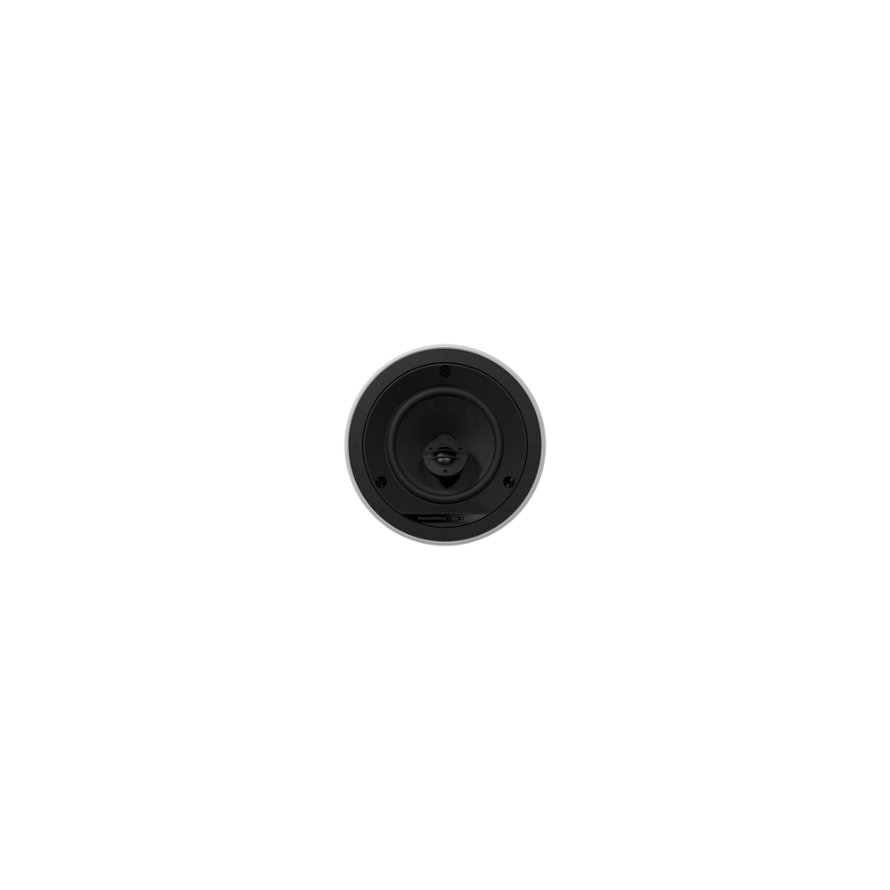 Ein rundes weißes Bowers & Wilkins CCM664 Deckeneinbaulautsprecher-Stück steht mittig auf einem schlichten schwarzen Hintergrund, von oben fotografiert.