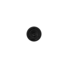 Ein rundes weißes Bowers & Wilkins CCM664 Deckeneinbaulautsprecher-Stück steht mittig auf einem schlichten schwarzen Hintergrund, von oben fotografiert.