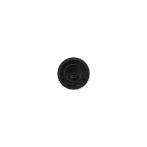 Ein rundes weißes Bowers & Wilkins CCM664 Deckeneinbaulautsprecher-Stück steht mittig auf einem schlichten schwarzen Hintergrund, von oben fotografiert.