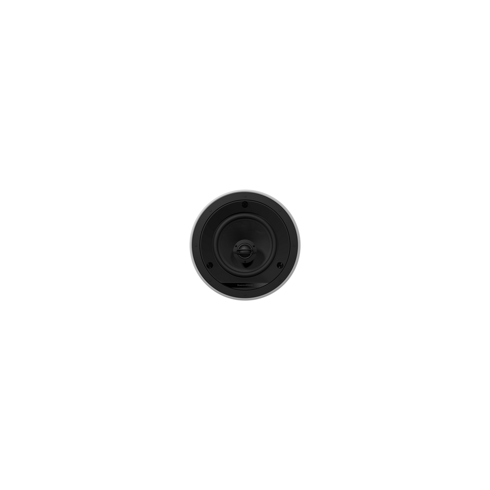 Ein einzelnes weißes Bowers & Wilkins CCM665 Deckeneinbaulautsprecher-Stück ist auf einem schlichten weißen Hintergrund zentriert, so dass der Konus und die Schrauben sichtbar sind. Es gewährleistet eine einfache Installation sowie hervorragende Klangqualität.