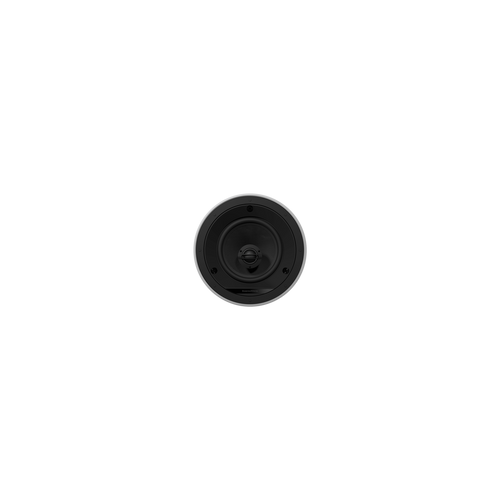 Ein einzelnes weißes Bowers & Wilkins CCM665 Deckeneinbaulautsprecher-Stück ist auf einem schlichten weißen Hintergrund zentriert, so dass der Konus und die Schrauben sichtbar sind. Es gewährleistet eine einfache Installation sowie hervorragende Klangqualität.