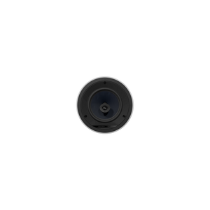 Ein weißer Bowers & Wilkins CCM682 Deckeneinbaulautsprecher Stück ist in einer weißen Decke montiert, direkt von unten betrachtet, mit Schatten, die den Kontrast um den Einbaulautsprecher erhöhen.
