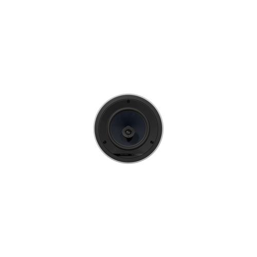 Ein weißer Bowers & Wilkins CCM682 Deckeneinbaulautsprecher Stück ist in einer weißen Decke montiert, direkt von unten betrachtet, mit Schatten, die den Kontrast um den Einbaulautsprecher erhöhen.