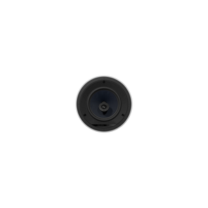 Ein weißes, rundes Bowers & Wilkins CCM683 Deckeneinbaulautsprecher-Stück liefert exzellente Audioleistung, frontal abgebildet vor einem schlichten schwarzen Hintergrund.