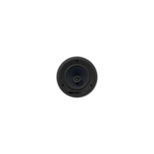 Ein weißes, rundes Bowers & Wilkins CCM683 Deckeneinbaulautsprecher-Stück liefert exzellente Audioleistung, frontal abgebildet vor einem schlichten schwarzen Hintergrund.