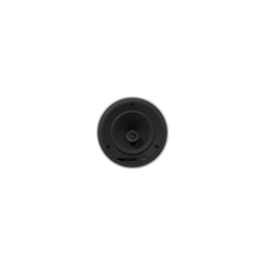 Ein rundes, weißes Bowers & Wilkins CCM684 Deckeneinbaulautsprecher-Stück mit silbernem Außenrand, von vorne gesehen vor einem schlichten schwarzen Hintergrund.