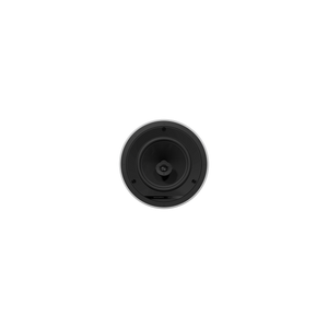 Ein rundes, weißes Bowers & Wilkins CCM684 Deckeneinbaulautsprecher-Stück mit silbernem Außenrand, von vorne gesehen vor einem schlichten schwarzen Hintergrund.