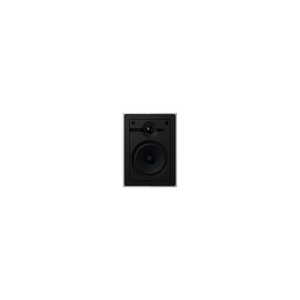 Ein weißes, rechteckiges Bowers & Wilkins CWM652 Wandeinbaulautsprecher-Stück mit sichtbarem Tief- und Hochtöner steht mittig vor einem schlichten schwarzen Hintergrund, der seine raffinierte audiophile Klangqualität unterstreicht.